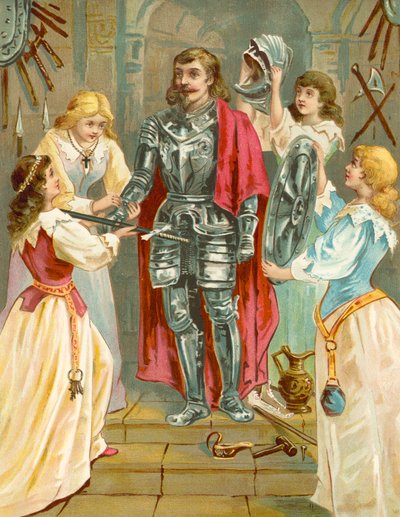 Christian in the Armoury receiving his weapons from Discretion, Piety, Charity and Prudence by English School